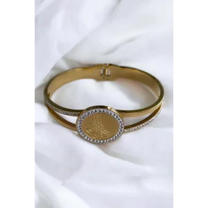 Altın Renk Tuğra Figürlü Taşlı Çelik Bileklik