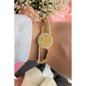 Altın Renk Tuğra Figürlü Taşlı Çelik Kelepçe Bileklik