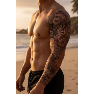 Geçici Kaplan ve Çiçek Kol Dövme Tattoo