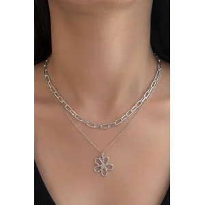 Gümüş Renk Çiçek Figürlü İkili Kolye