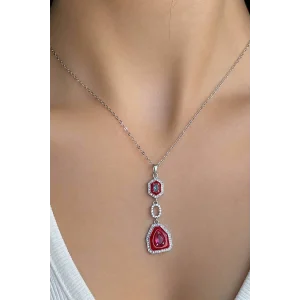 Gümüş Renk Kırmızı Mineli Çelik Kolye