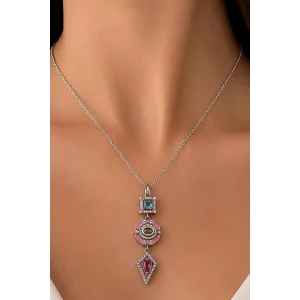 Gümüş Renk Pembe  Mineli  Çelik Kolye