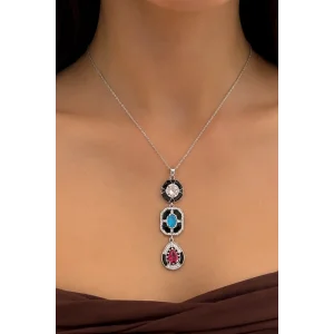 Gümüş Renk Siyah Mineli Çelik Kolye