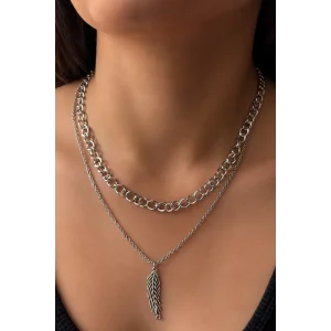 Gümüş Renk Tüy Figürlü İkili Kolye