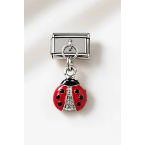 Gümüş Renk Uğur Böceği Figürlü  Taş Detaylı Çelik Nomination Charm (Tek)