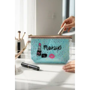 Mavi Renk Makeup Yazılı Makyaj Çantası