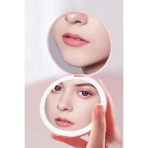 Pembe Renk Işıklı Makyaj Aynası/Cep Ayna
