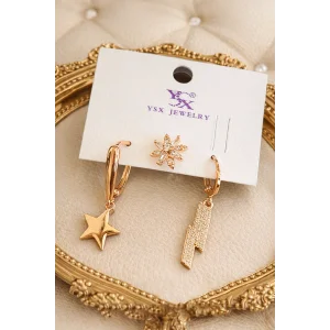 Rose Gold Renk Taş Detaylı 3lü Ysx Küpe Set