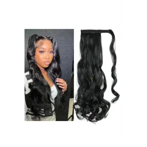 Siyah Cırtcırtlı Dalgalı Gerçek Saç Dokusunda At Kuyruğu Postiş Tokalı Saç Eklentisi