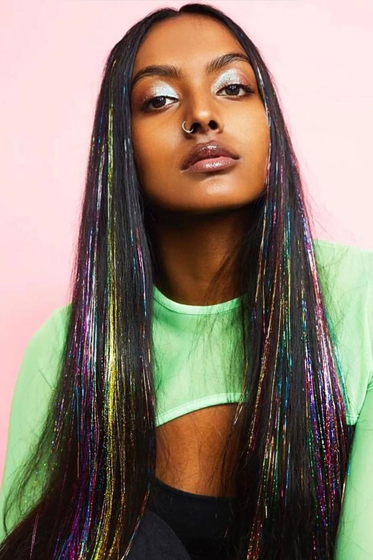 Çok Renkli Simli Yan Çıtçıtlı Postiş Hair Tinsel Shiny Hair (50 Cm)