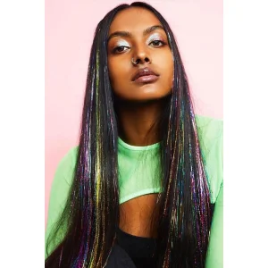 Çok Renkli Simli Yan Çıtçıtlı Postiş Hair Tinsel Shiny Hair (50 Cm)