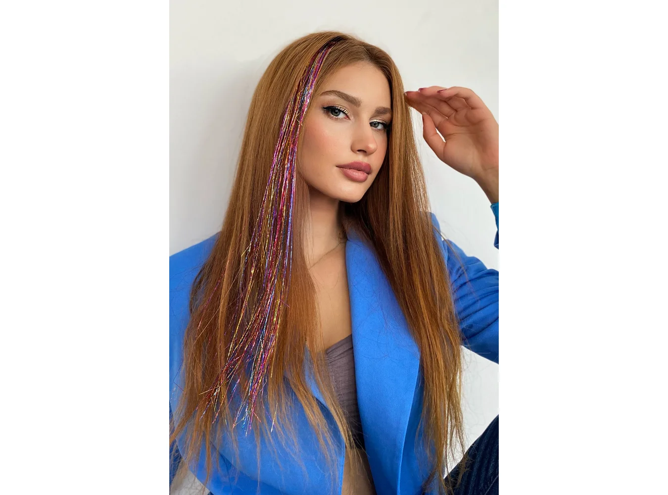 Çok Renkli Simli Yan Çıtçıtlı Postiş Hair Tinsel Shiny Hair (50 Cm)