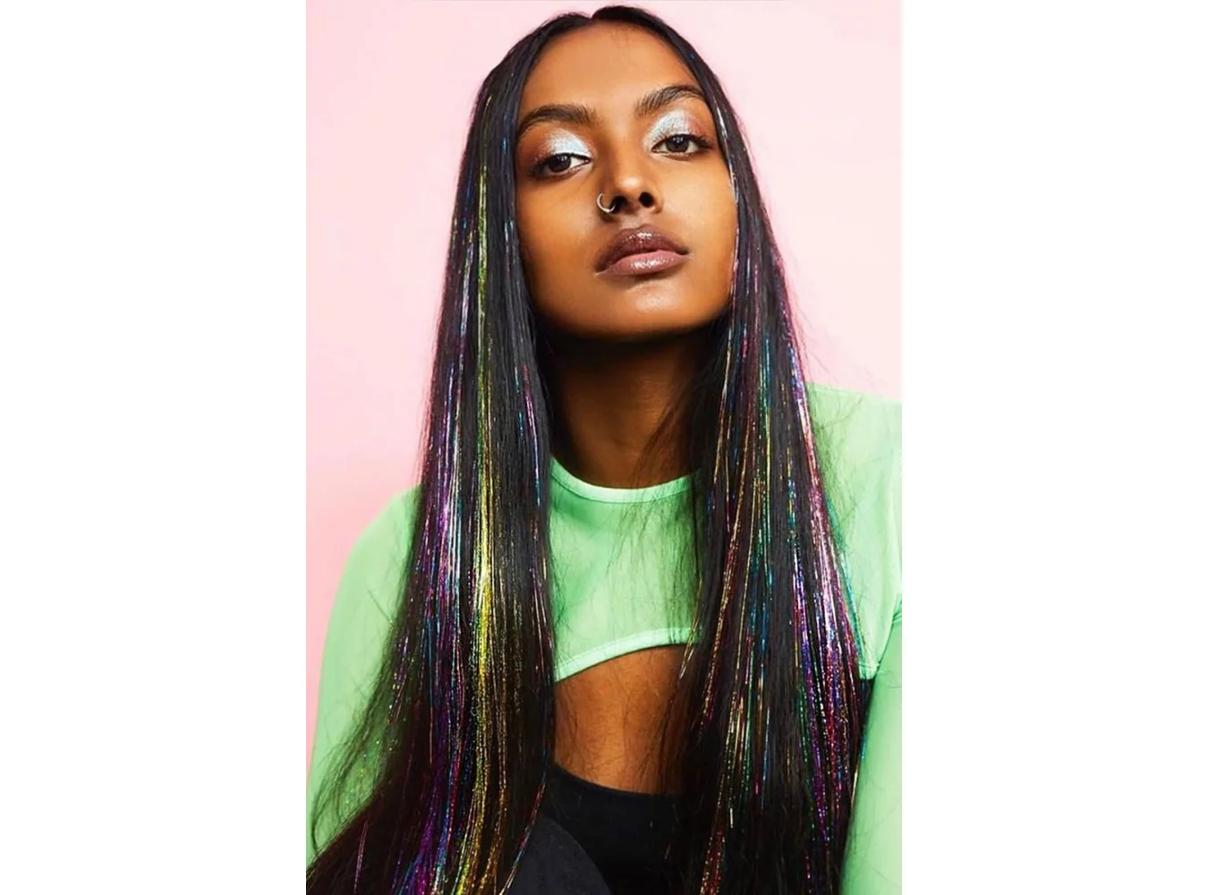 Çok Renkli Simli Yan Çıtçıtlı Postiş Hair Tinsel Shiny Hair (50 Cm)