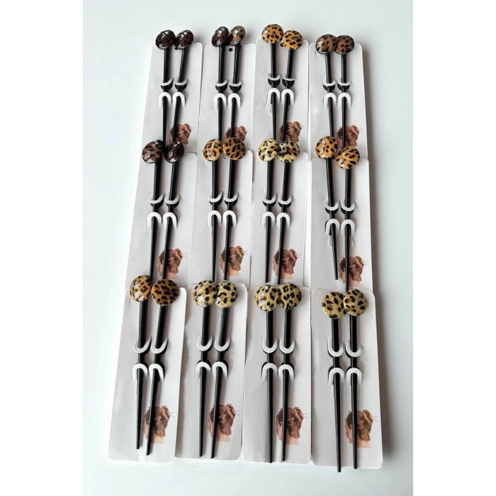 12li Karışık Renk Leopar Desenli Topuz Kalemi/ Tokası Set