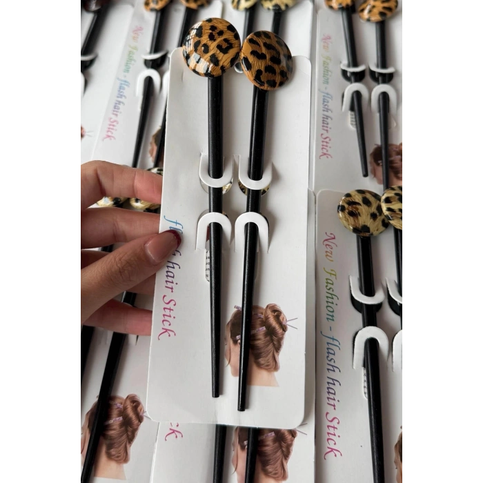 12li Karışık Renk Leopar Desenli Topuz Kalemi/ Tokası Set