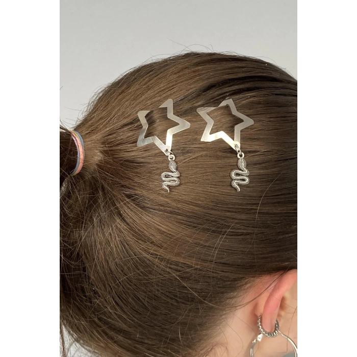 2li Gümüş Renk Yıldız Figürlü Yılan Detaylı Yan Toka Set