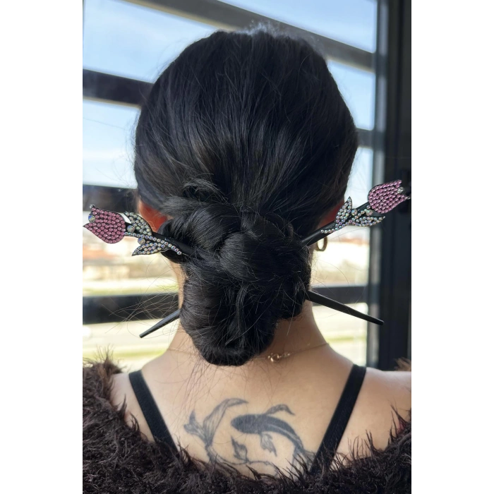 Açık Pembe Renk Lale Figürlü Taş Detaylı Topuz Tokası/ Kalemi