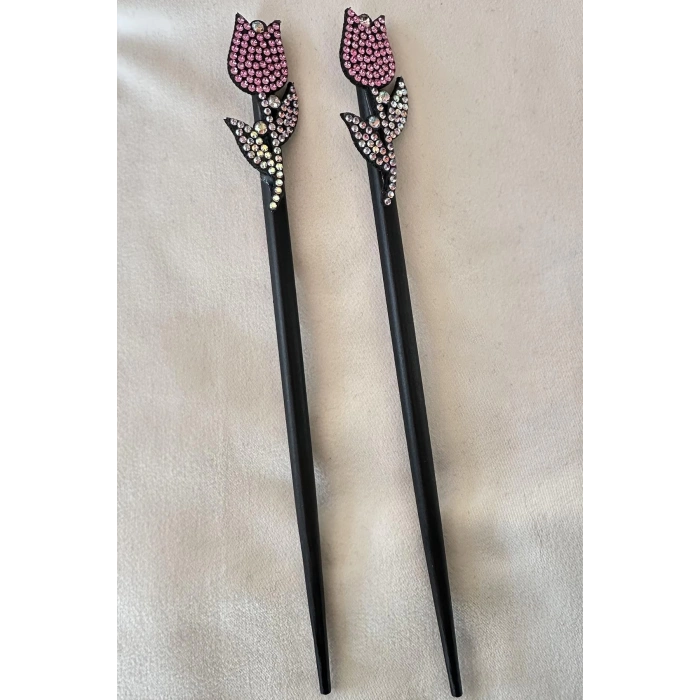 Açık Pembe Renk Lale Figürlü Taş Detaylı Topuz Tokası/ Kalemi