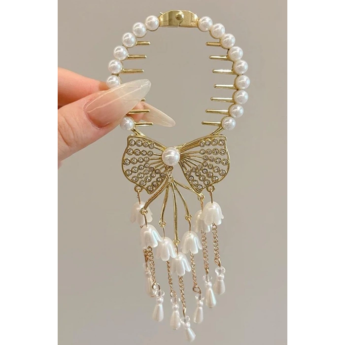 Altın Renk İnci Ve Taş Detaylı Sallantılı Topuz Tokası