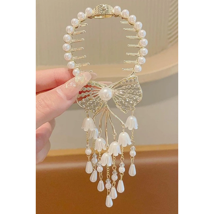 Altın Renk İnci Ve Taş Detaylı Sallantılı Topuz Tokası