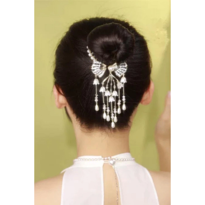 Altın Renk İnci Ve Taş Detaylı Sallantılı Topuz Tokası