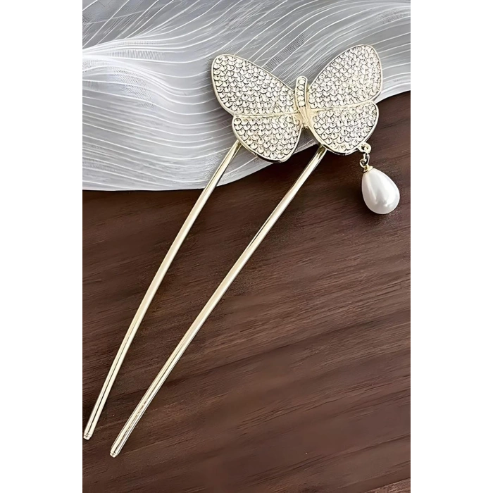 Altın Renk Kelebek Figürlü İnci Detaylı Metal Topuz Tokası/ Kalemi