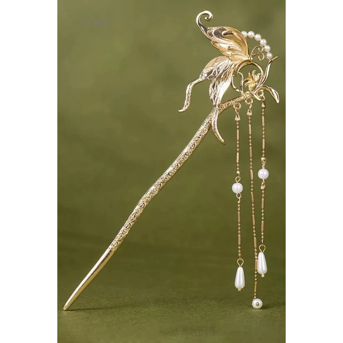 Altın Renk Kelebek Figürlü İnci Detaylı Sallantılı Topuz Toka