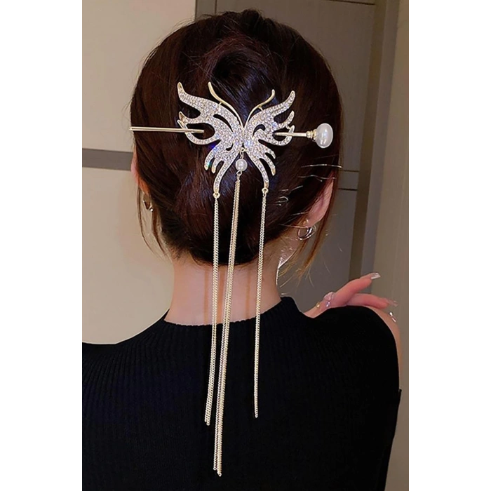 Altın Renk Kelebek Figürlü İnci Detaylı Sallantılı Topuz Tokası