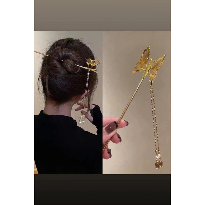 Altın Renk Kelebek Figürlü Sallantılı Topuz Tokası