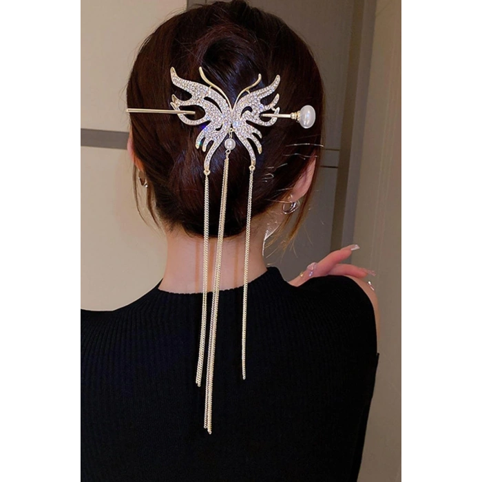 Altın Renk Kelebek Figürlü Taşlı Sallantılı Topuz Toka