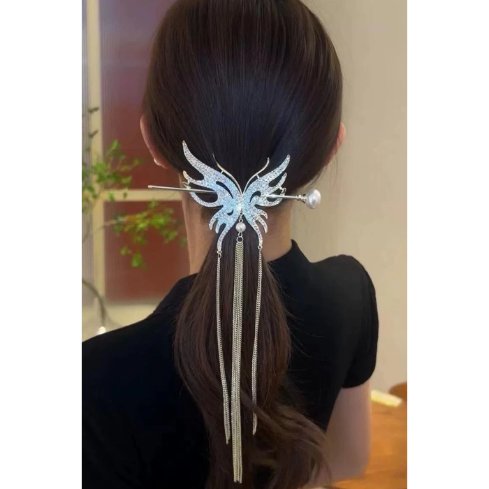 Rose Renk Kelebek Figürlü Taşlı Sallantılı Topuz Toka