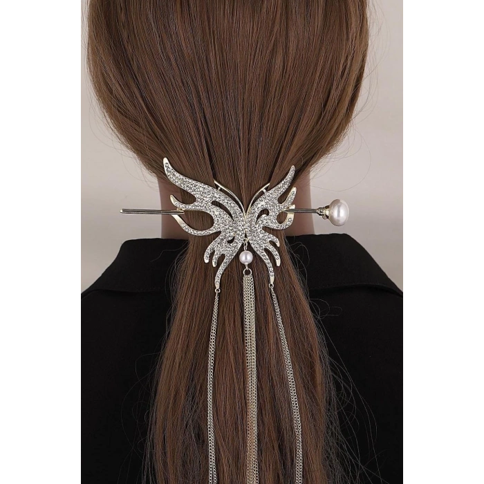 Altın Renk Kelebek Figürlü Taşlı Sallantılı Topuz Toka