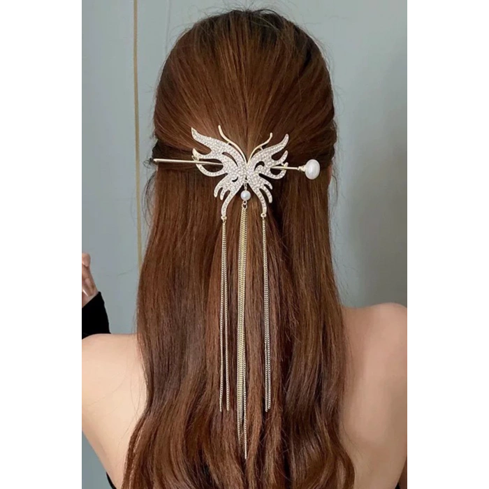 Rose Renk Kelebek Figürlü Taşlı Sallantılı Topuz Toka