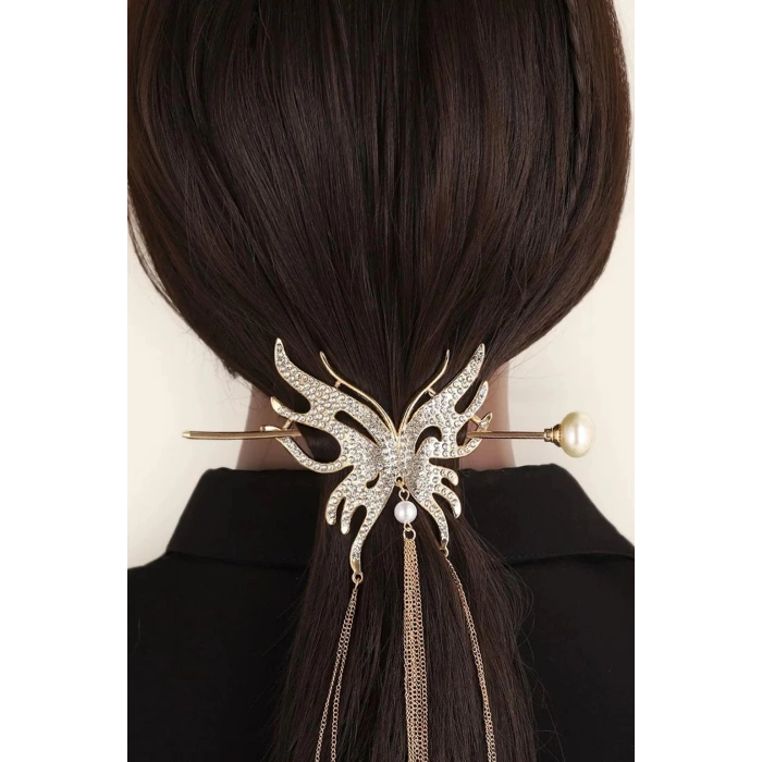 Rose Renk Kelebek Figürlü Taşlı Sallantılı Topuz Toka