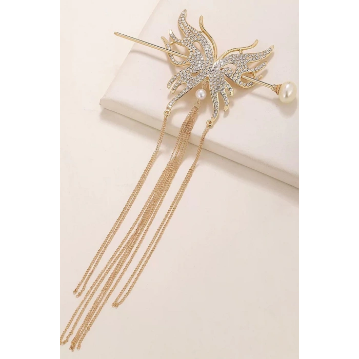 Rose Renk Kelebek Figürlü Taşlı Sallantılı Topuz Toka