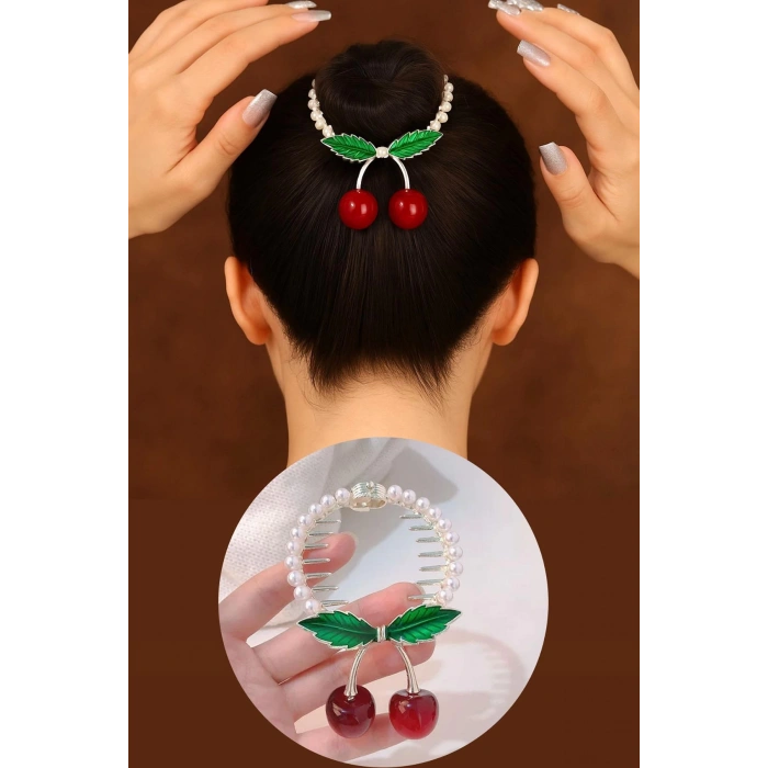 Altın Renk Kiraz Figürlü İnci Detaylı Sallantılı Topuz Tokası