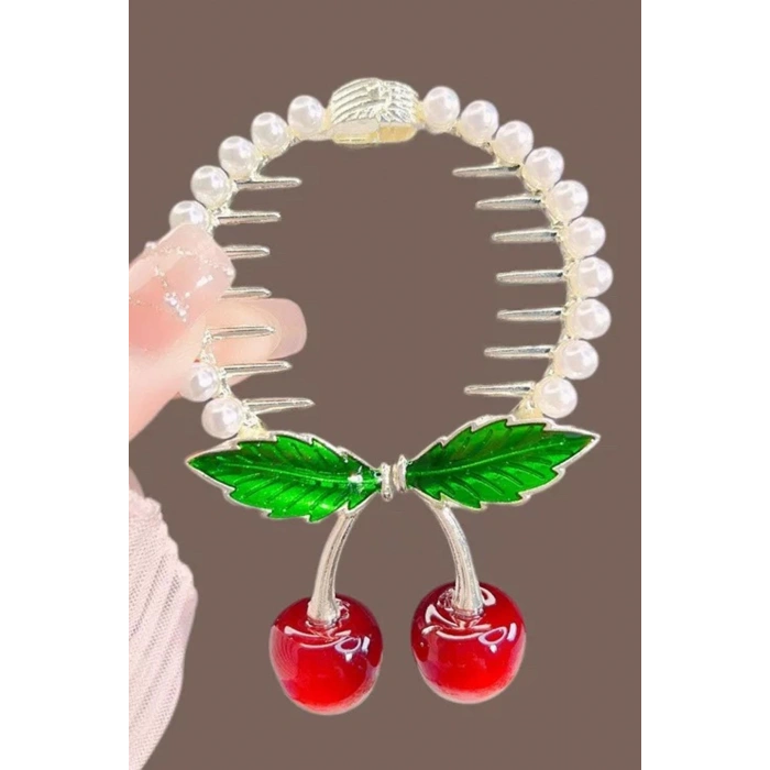 Altın Renk Kiraz Figürlü İnci Detaylı Sallantılı Topuz Tokası