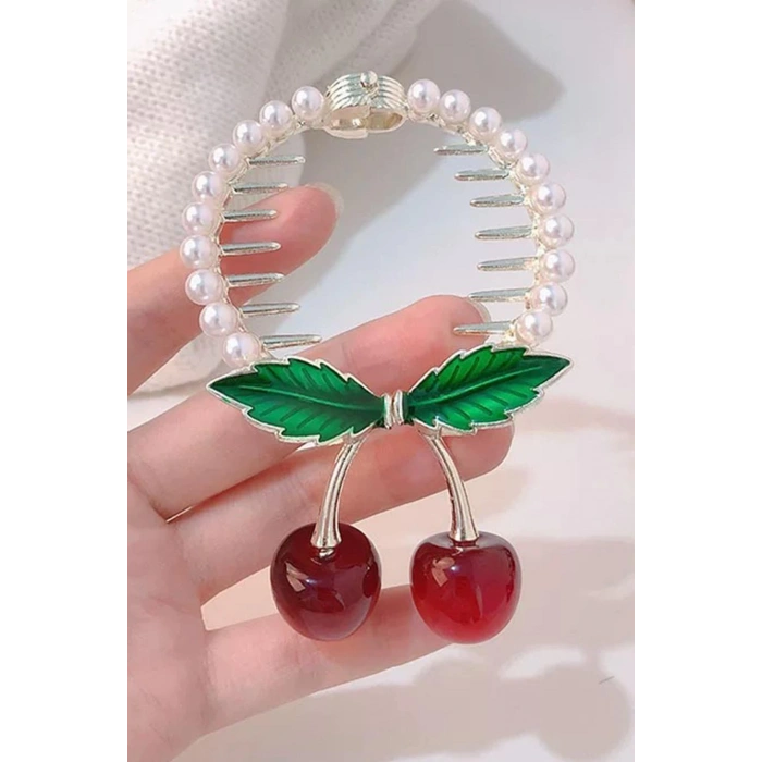 Altın Renk Kiraz Figürlü İnci Detaylı Sallantılı Topuz Tokası