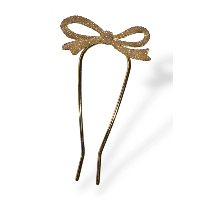 Altın Renk Kurdele Figürlü İnci Detaylı Metal Topuz Tokası/ Kalemi