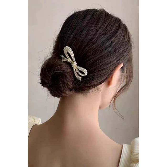 Altın Renk Kurdele Figürlü İnci Detaylı Metal Topuz Tokası/ Kalemi