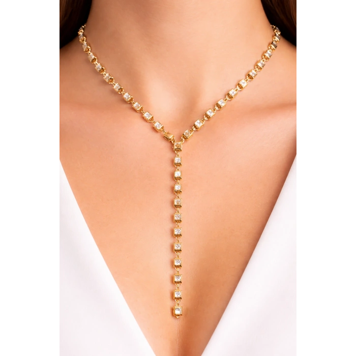 Altın Renk Taş Detaylı Çelik Y Kolye