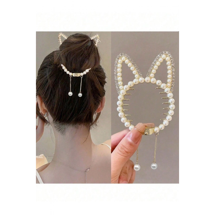 Altın Renk Tavşan Figürlü İnci Detaylı Sallantılı Topuz Tokası