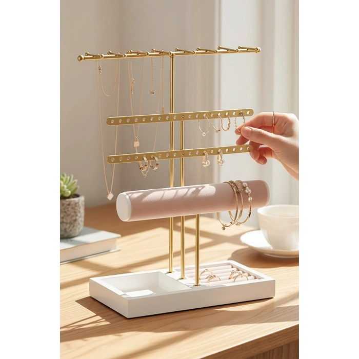 Altın Renk Üç Katlı Saat/Bileklik Takı Standı