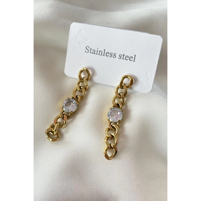 Altın Renk Zincir Figürlü Taş Detaylı Çelik Küpe (Çift)