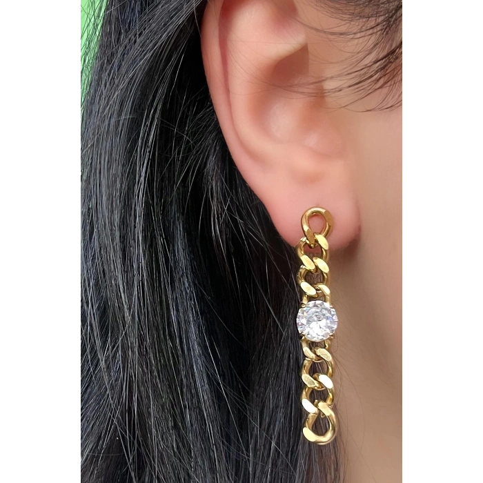 Altın Renk Zincir Figürlü Taş Detaylı Çelik Küpe (Çift)