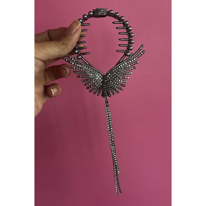 Antrasit Renk Melek Kanadı Figürlü İnci Ve Taş Detaylı Topuz Toka