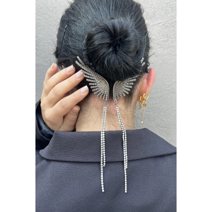 Antrasit Renk Melek Kanadı Figürlü İnci Ve Taş Detaylı Topuz Toka