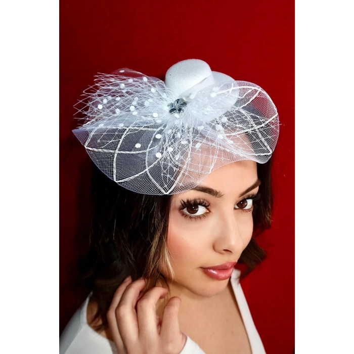 Beyaz Renk Çiçek Detaylı Nikah Şapkası/Vualet Şapka