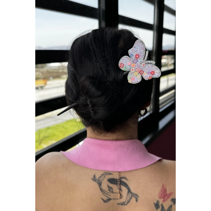 Beyaz Renk Kelebek Figürlü Topuz Tokası/Topuz Kalemi