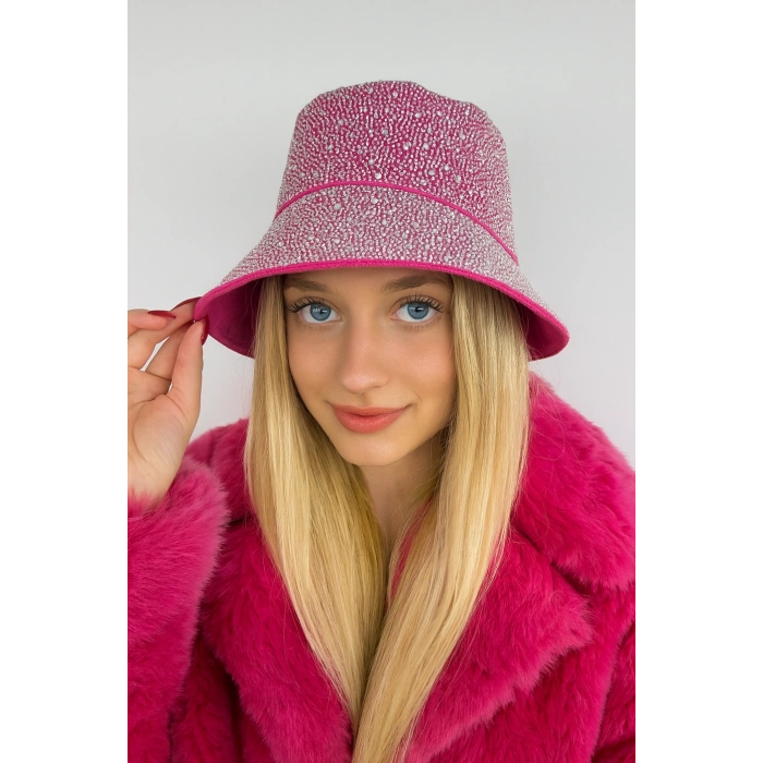 Fuşya Renk Taş Detaylı Tasarım Şapka